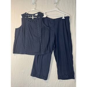 J. Jill 2pcs Outfit Set Linen Blend Blouse Pants Accents Size Large Blue Relaxed